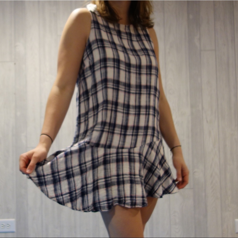 Red and blue plaid ruffle dress, flowy boho